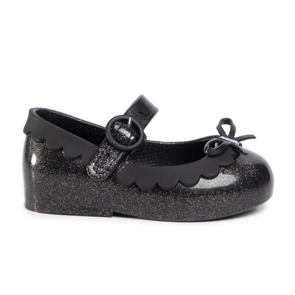 Mini Melissa sweet love II black glitter shoes, size 12.